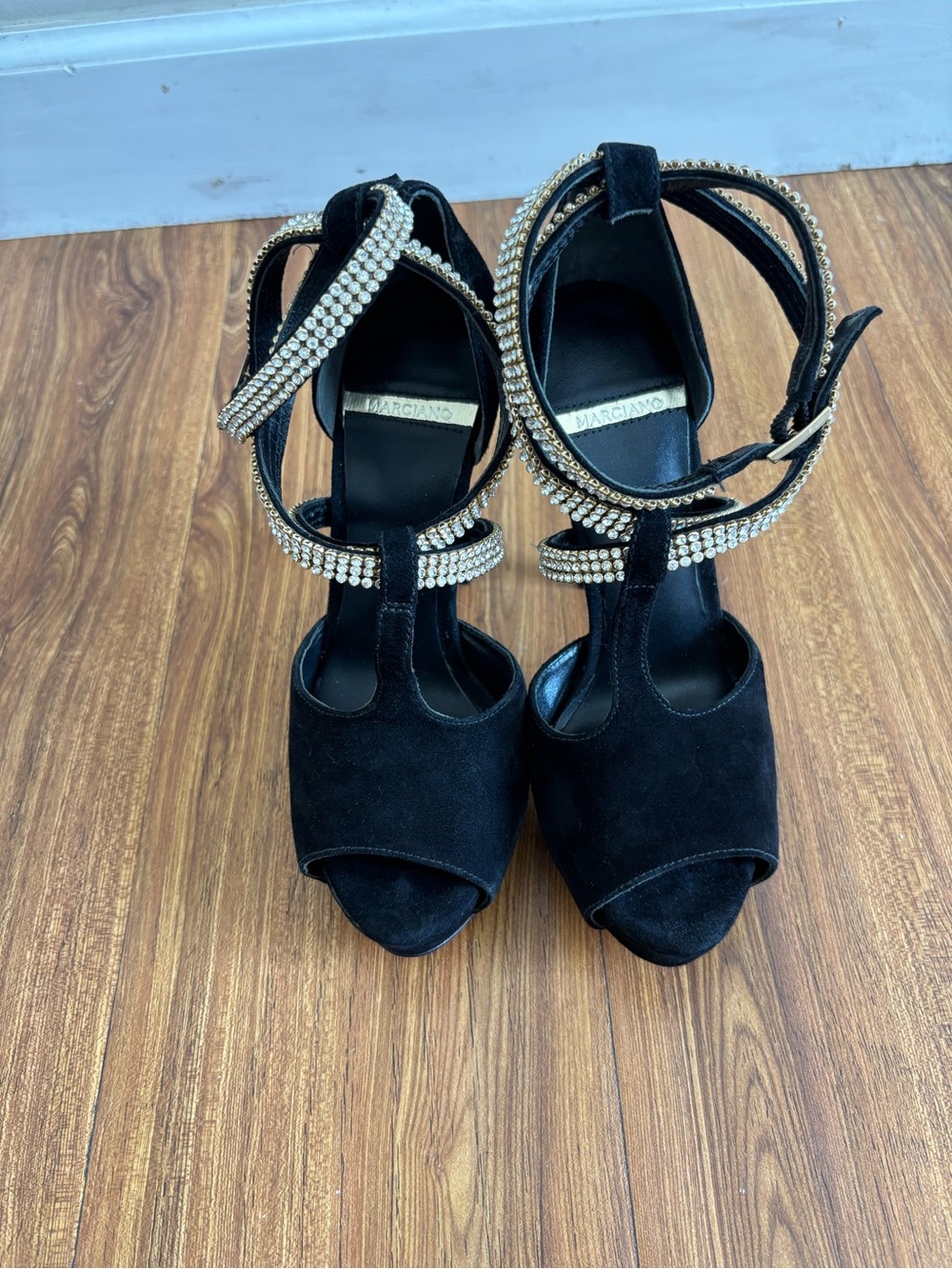 Marciano Black Suede Crystal-Ankle Strap Peep Toe Heels